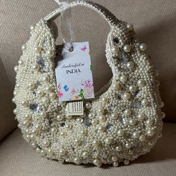 Handcrafted In India Pearl-Embellished White Mini Bag - Picture 1 of 10